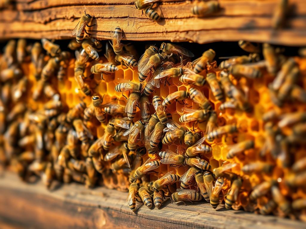 A realistic high-resolution photo of a close-up shot of a busy beehive with bees actively working, showcasing the intricate details of the hive structure and bees, captured with a 45mm f/1.2 lens style. The background should be softly blurred to emphasize the hive and bees, with warm natural lighting that enhances the vibrant colors of the bees and wood of the hive.
