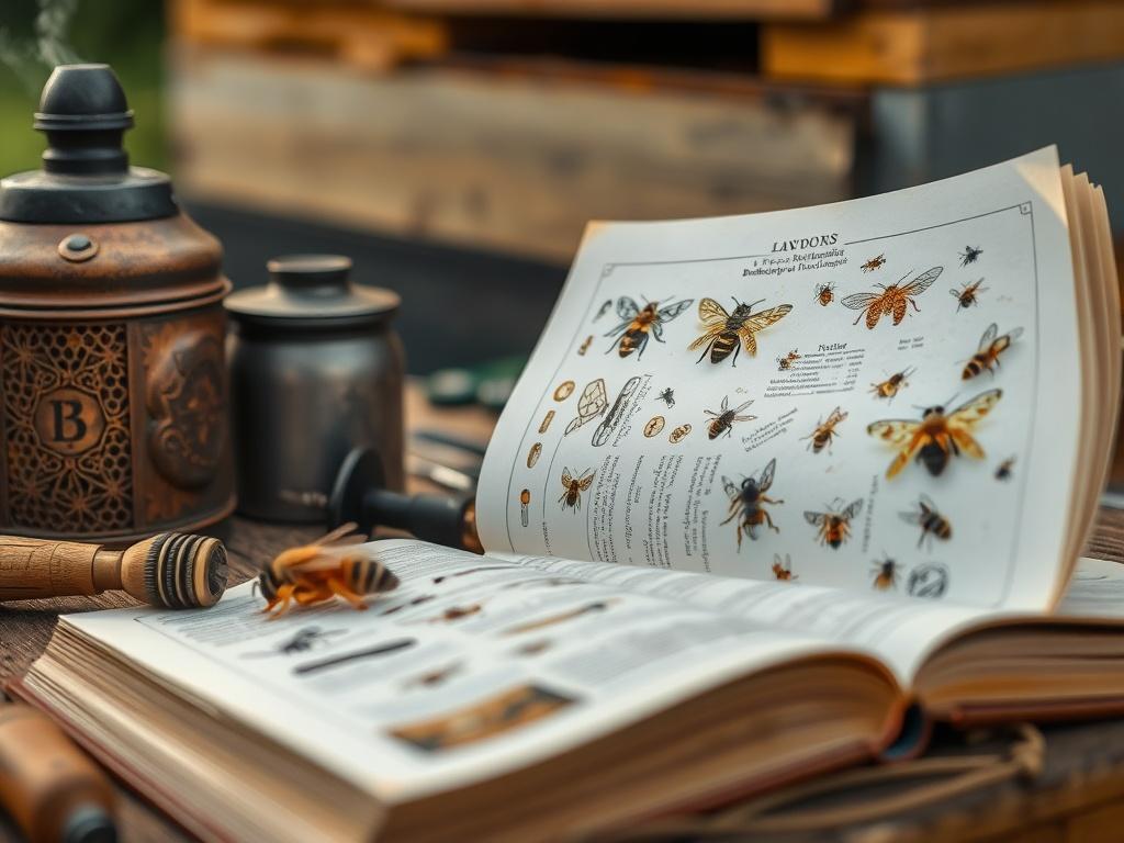 A close-up shot of an open book displaying illustrations of bees and beekeeping techniques, surrounded by beekeeping tools like a smoker and hive tool. The scene is set outdoors, with a soft focus on a beehive in the background.