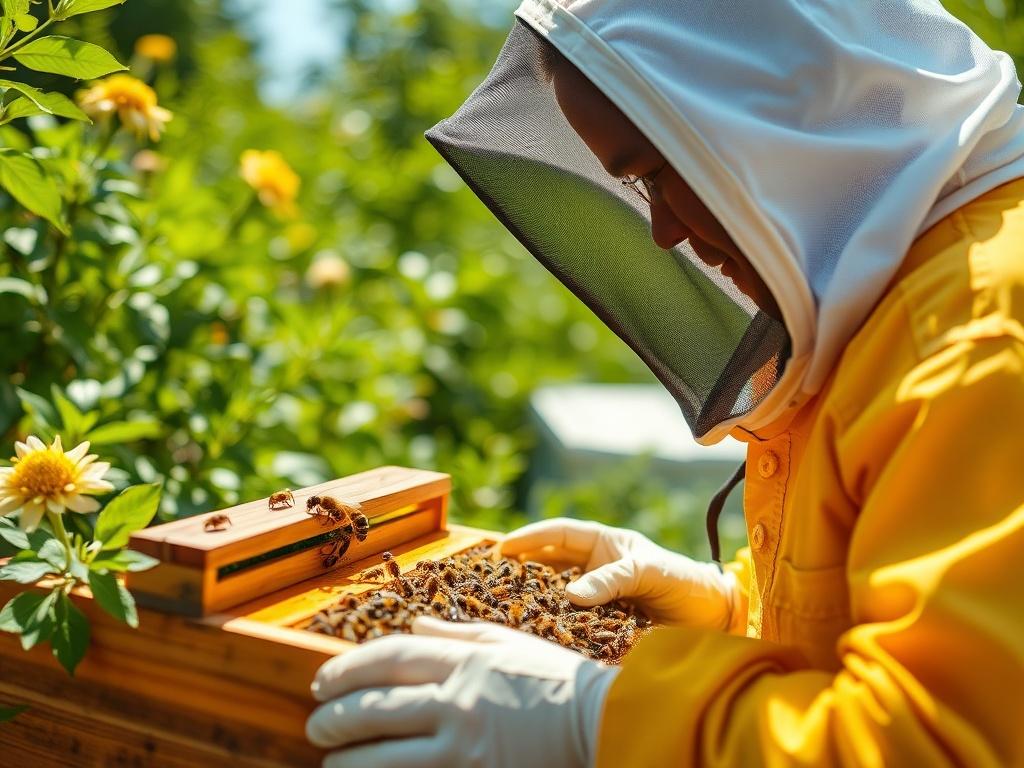A close-up shot of a beekeeper checking a beehive, with focus on the hive and bees, set in a sunny garden. The beekeeper is wearing a protective suit and looking at the hive attentively, surrounded by greenery to create a warm and inviting atmosphere.