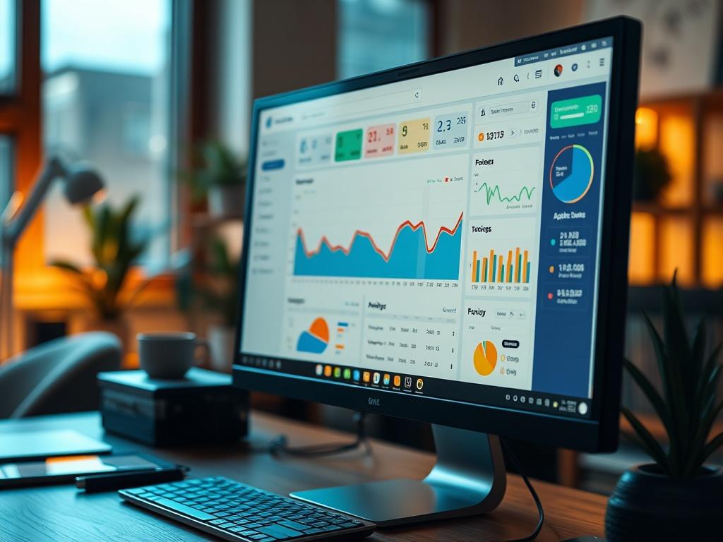 A high-resolution close-up of a computer screen displaying a colorful, user-friendly admin dashboard interface, with graphs and scheduling features visible. The setting is a cozy office with warm lighting, emphasizing a productive workspace.