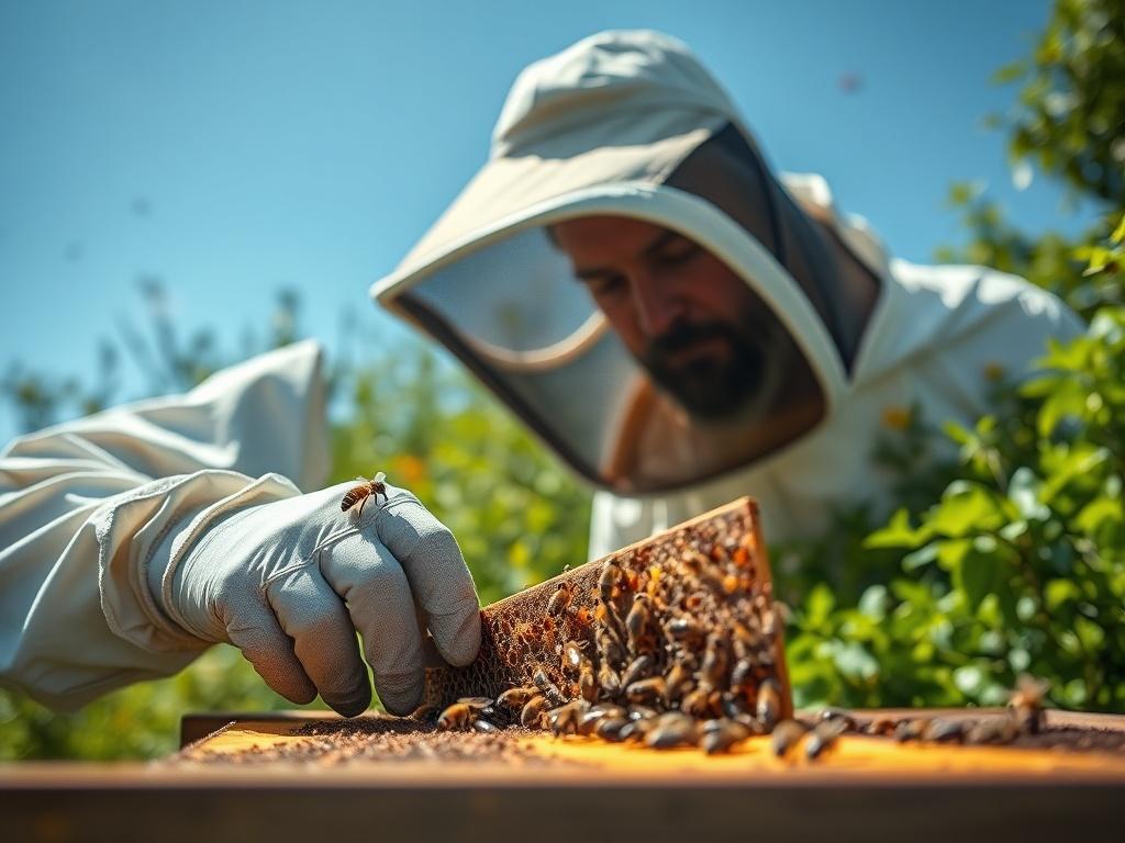A close-up shot of a beekeeper in protective gear inspecting a beehive, with bees visible around, set in a sunny outdoor environment. The background features lush greenery and blue sky, creating a serene and natural atmosphere.