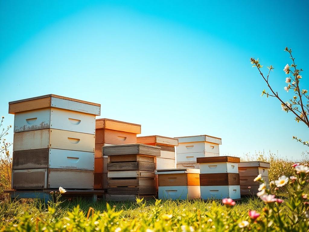A vibrant image of various sizes of beehives arranged in a sunlit field, showcasing the differences in hive sizes. The background features a bright blue sky and blooming flowers, emphasizing the importance of a thriving environment for bees.