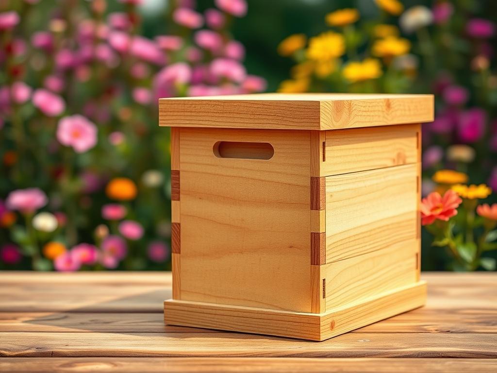A hyper-realistic close-up shot of a beautifully crafted wooden beehive box, showcasing its intricate details such as the smooth, natural wood grain and well-fitted joints. The hive box should be placed on a wooden surface with a soft-focus background of a blooming garden filled with vibrant flowers and greenery, hinting at a bee-friendly environment. The lighting should be warm and inviting, highlighting the craftsmanship of the hive box.