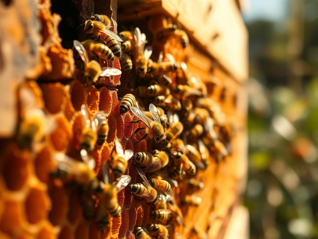 A close-up shot of a beehive with bees actively working. The image should capture the intricate details of the hive structure, focusing on the bees and honeycomb. The background should be softly blurred to emphasize the hive, creating a warm and natural atmosphere. The lighting should be bright and inviting, highlighting the vibrant colors of the bees and the hive.