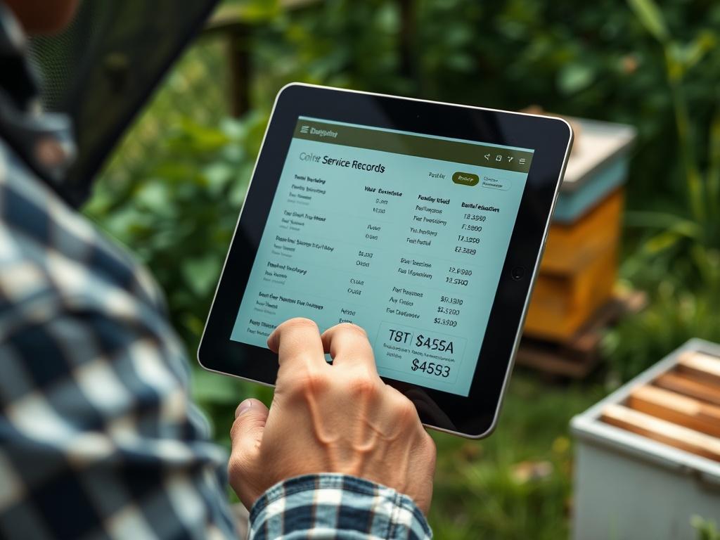 A close-up shot of a person using a tablet to view service records related to beekeeping. The background should depict a serene outdoor setting with greenery, possibly with a beehive in view. The focus should be on the tablet screen, emphasizing the digital display of service records, while the person is engaged in reviewing the information.