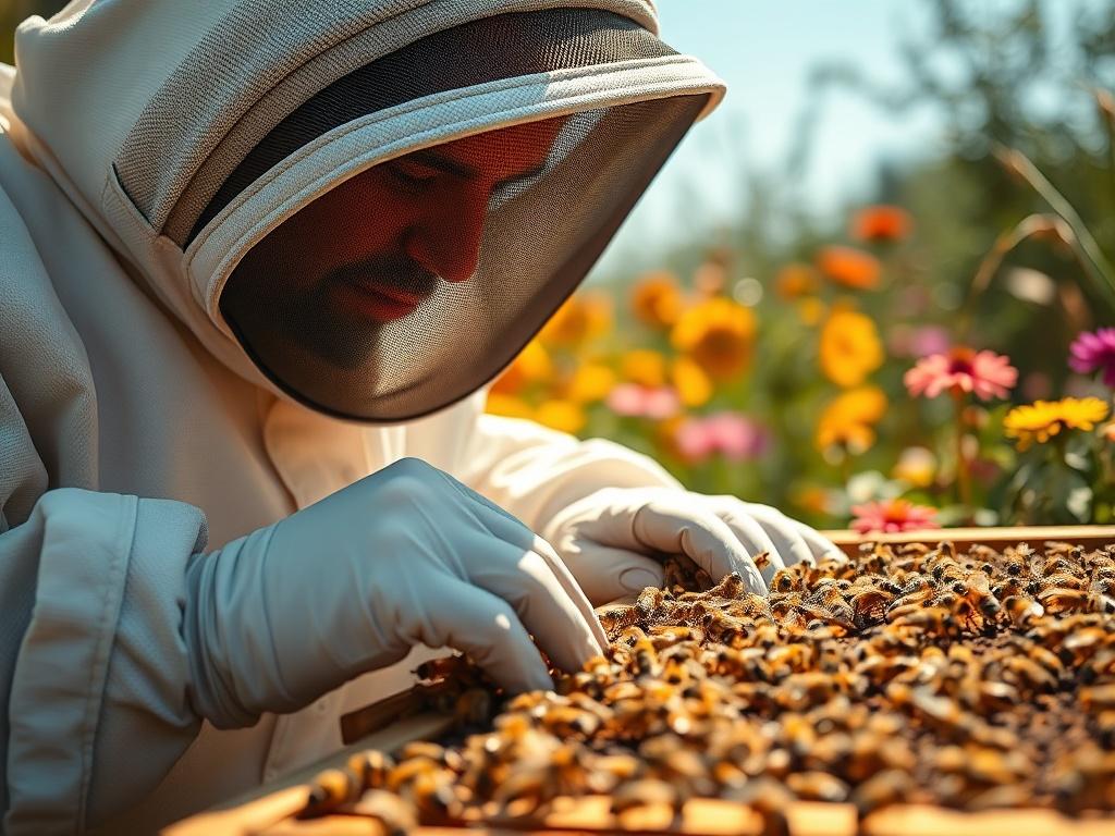 A close-up shot of a beekeeper in protective gear, gently inspecting a beehive surrounded by buzzing bees. The background shows a sunny garden setting with vibrant flowers, emphasizing the beauty of nature and the importance of beekeeping. The image captures the intricate details of the hive and the bees in action, showcasing the harmonious relationship between the beekeeper and the environment.