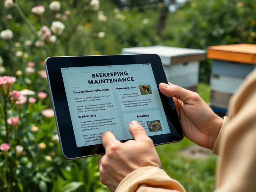 A realistic high-resolution close-up shot of a person using a digital tablet in a serene outdoor setting, reviewing beekeeping maintenance information. The background features a lush green garden with blooming flowers and a beehive in the distance, emphasizing the connection between technology and nature. The subject is focused on the tablet screen, creating an inviting and informative atmosphere.