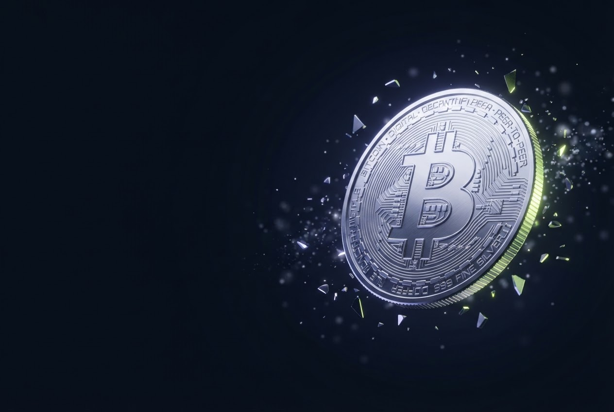 A sculptural silver Bitcoin coin floating against a midnight backdrop