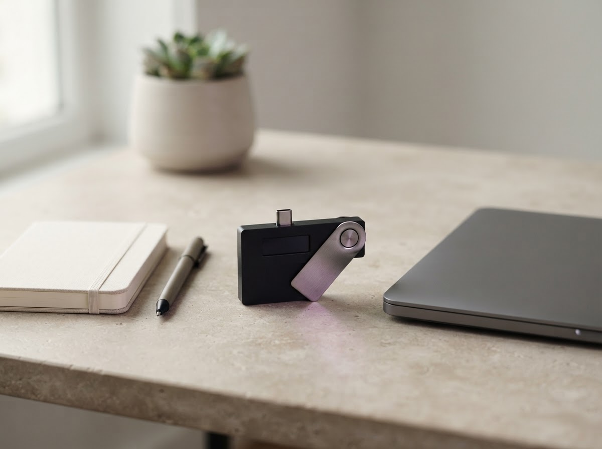 A hardware security device on a calm, uncluttered desk beside a laptop