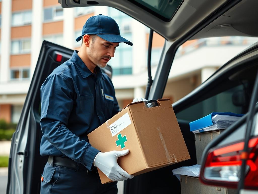 A close up shot of a medical courier in uniform,