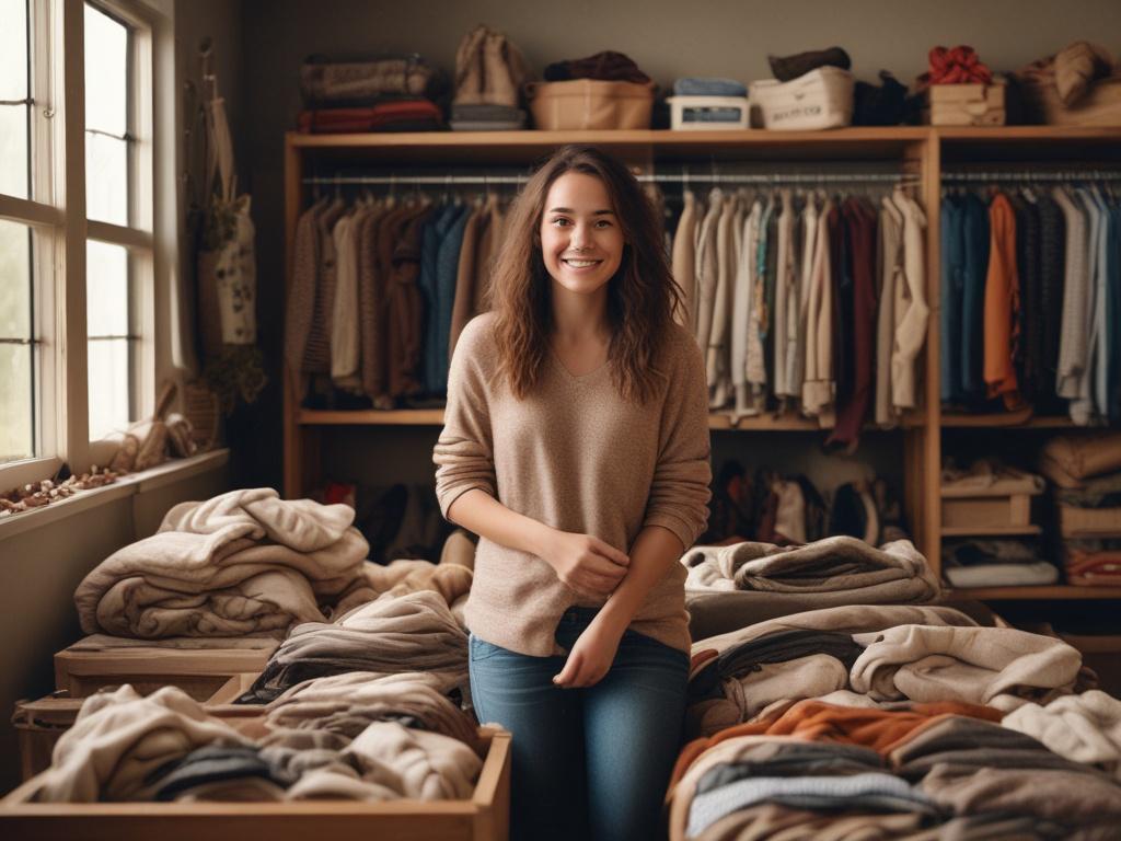 A volunteer sorting clothing donations in a cozy, rustic space. The subject is a smiling individual, wearing a casual outfit, surrounded by neatly arranged piles of clothing and essentials. The background features warm, earthy tones, with wooden shelves and natural light streaming in through a window, creating a welcoming atmosphere that reflects community spirit.