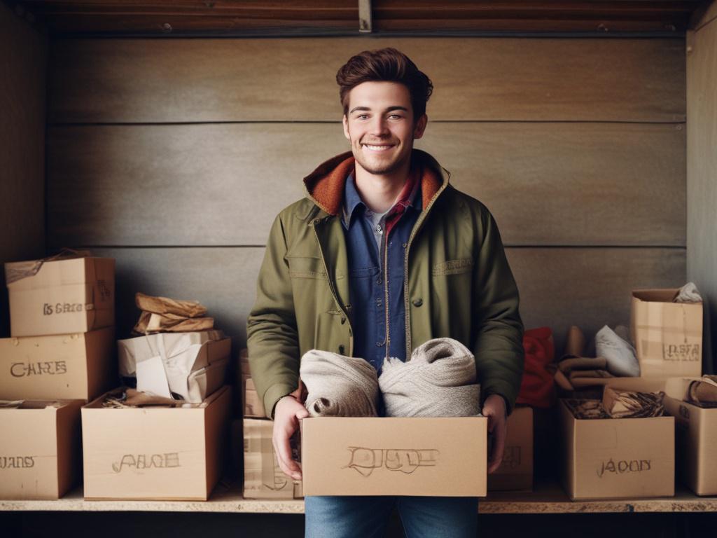 Create a realistic high-resolution photo of a caring volunteer in a rustic setting, holding a warm jacket in their hands, surrounded by a few boxes filled with various clothing items. The background should be softly blurred, showcasing a cozy, community-focused environment with earthy textures and natural tones that evoke a sense of warmth and support. The image should embody the essence of immediate assistance and community care.