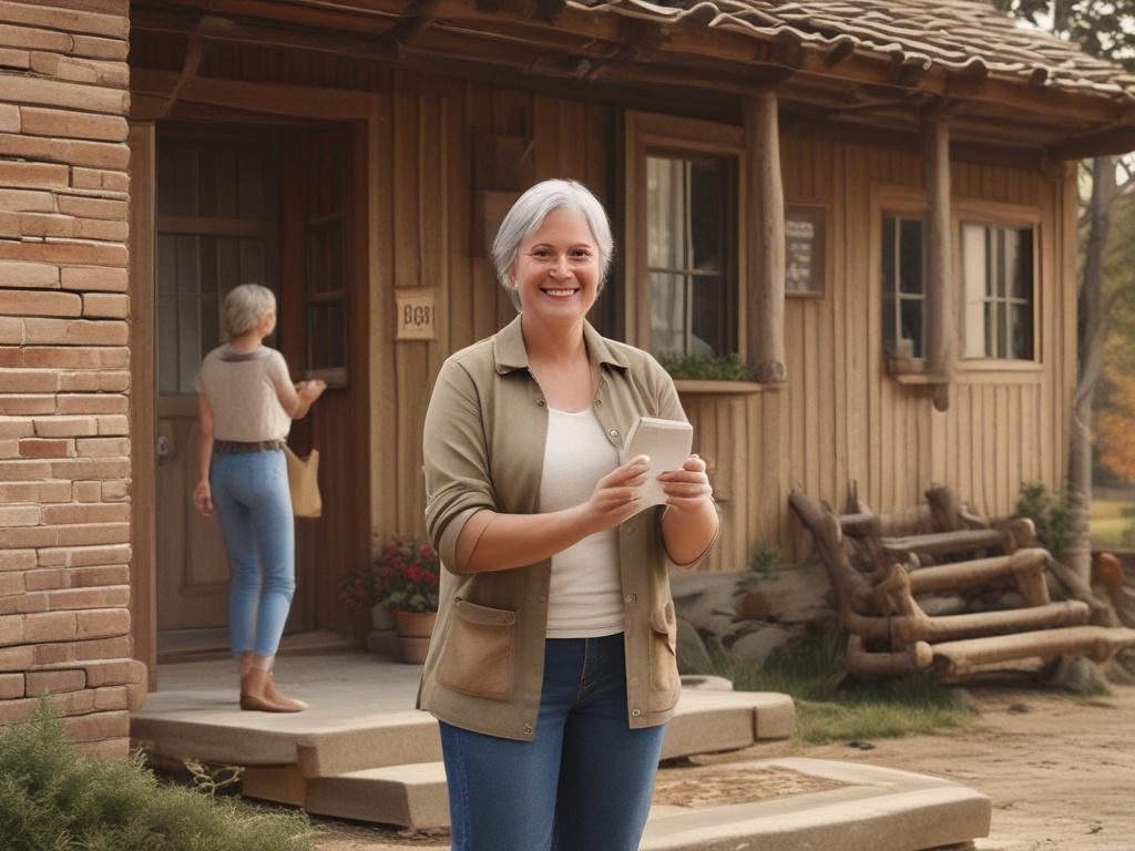 A warm and inviting scene depicting a caring volunteer pointing towards a local resource center. The volunteer, a middle-aged woman with a friendly smile, stands in front of a rustic building that represents community support. Soft, natural lighting enhances the earthy textures of the scene, with greenery and simple, welcoming signage in the background. The composition emphasizes the connection between the volunteer and the resource center, conveying a sense of guidance and support.