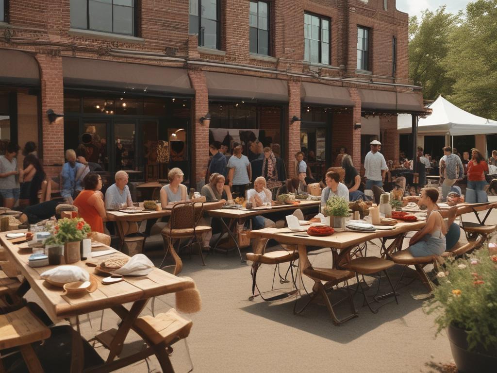 A warm, inviting scene of a community pop-up event in Jefferson County. The image features a vibrant outdoor setting with a simple table displaying a variety of clothes and shoes. There are people of different ages and backgrounds happily browsing through the items. The background includes greenery and rustic elements, creating a cozy, community-focused atmosphere. The lighting is natural, emphasizing the earthy textures of the clothing.