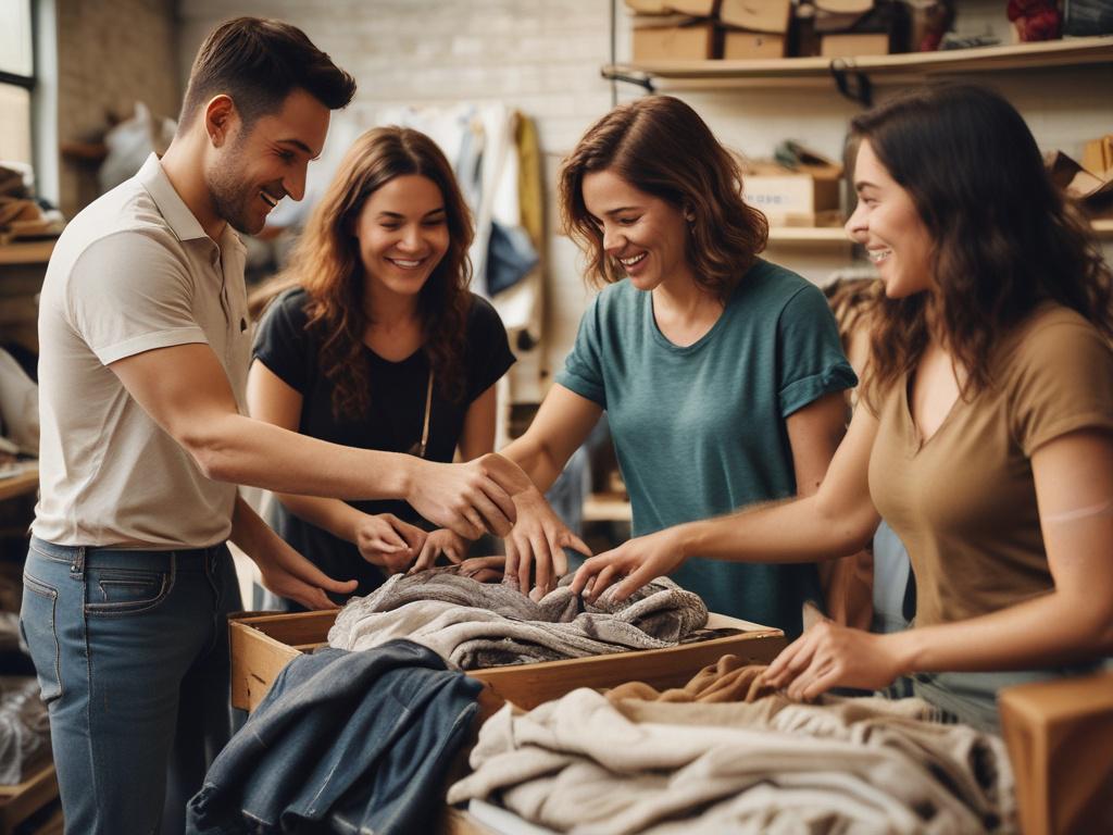 A group of diverse volunteers joyfully sorting through clothing donations