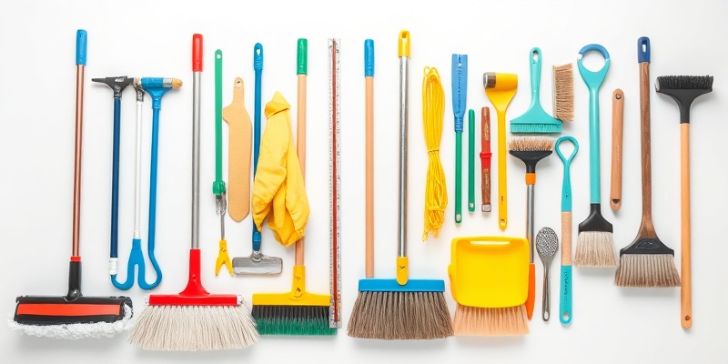 Professional cleaning and construction tools neatly organized