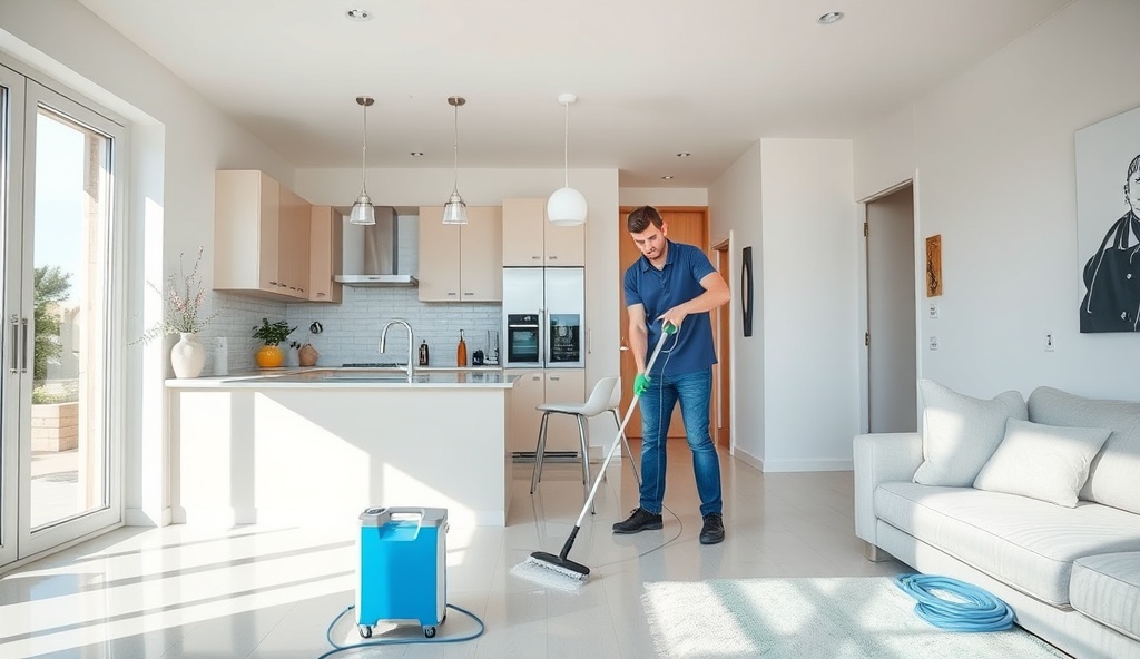 Professional cleaner cleaning residential kitchen with professional equipment and supplies