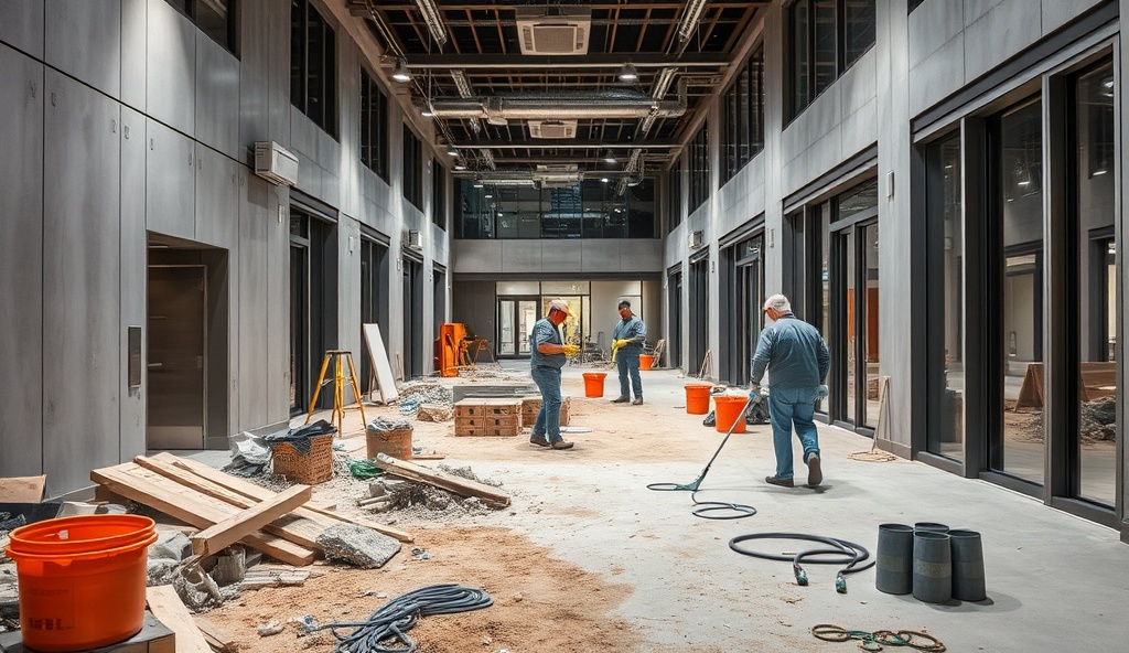 Professional construction cleanup crew removing debris and dust from modern building interior