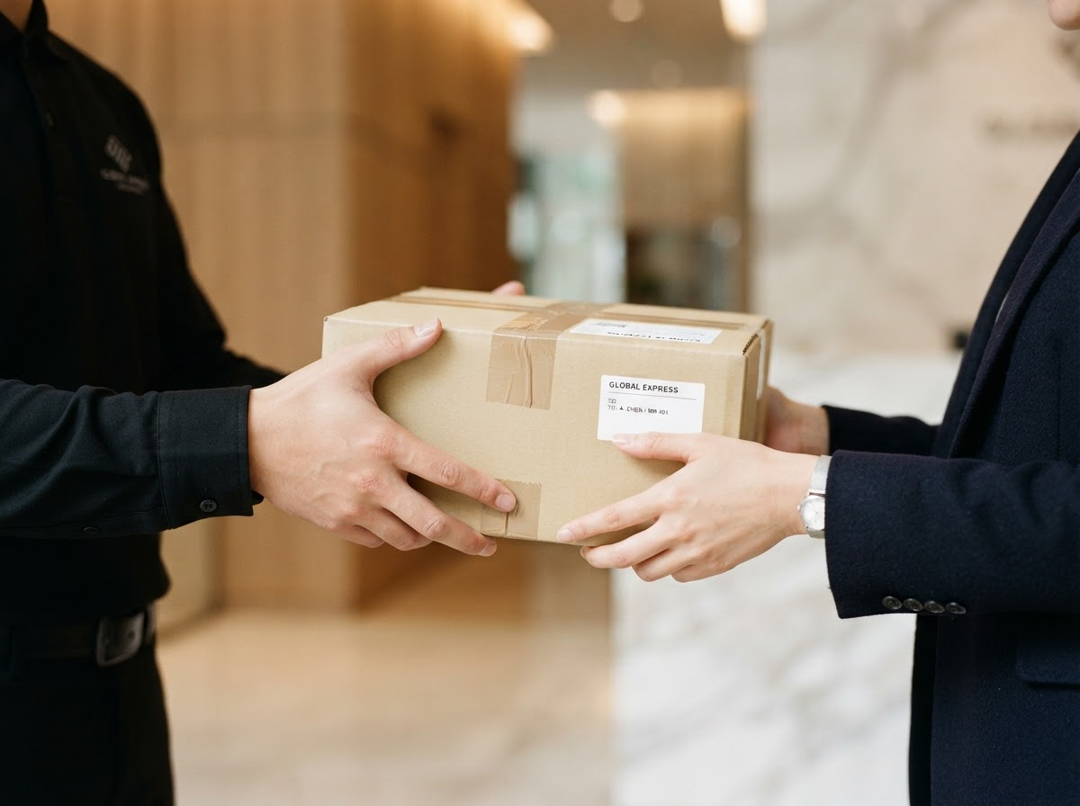 Courier in professional uniform carefully handing a securely sealed package to a customer