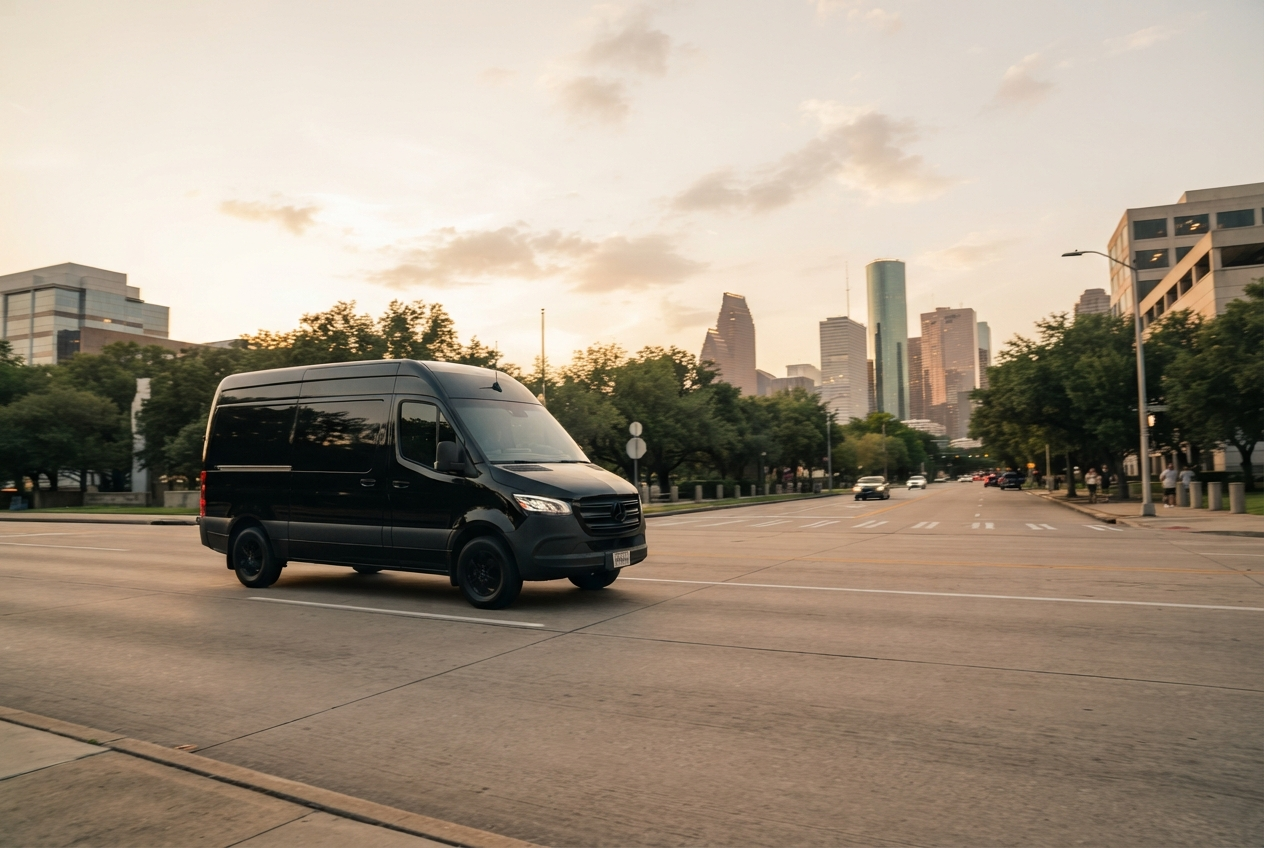 Modern delivery van traveling a Houston street at golden hour
