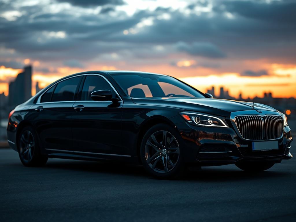 A luxurious black sedan parked elegantly against a scenic urban backdrop. The focus is on the vehicle, showcasing its sleek design and polished finish. The background features a blurred city skyline during sunset, enhancing the luxurious ambiance. The image is captured in high resolution with a 45mm f/1.2 lens style, emphasizing the vehicle's details while maintaining a soft focus on the background.