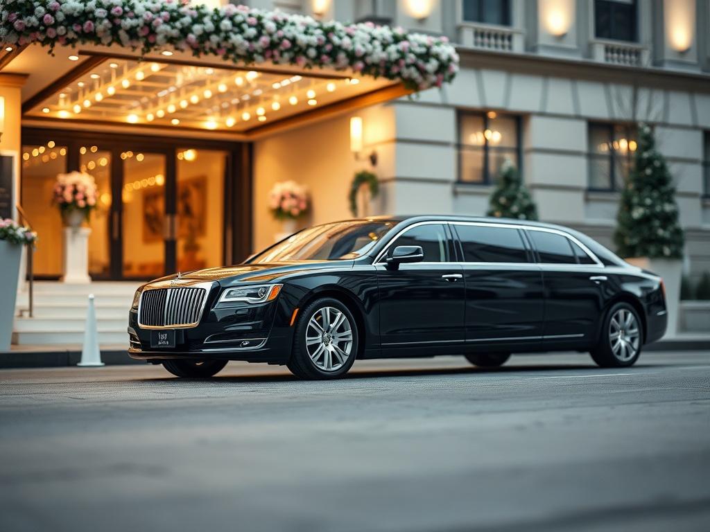 A luxurious black limousine parked elegantly outside a grand event venue, with soft ambient lighting illuminating the scene. The focus is on the sleek design of the limousine, showcasing its polished exterior and luxurious details. In the background, the entrance of the venue is subtly visible, adorned with flowers and decorations, setting a sophisticated atmosphere. The image is shot with a 45mm f/1.2 lens for a shallow depth of field, emphasizing the limousine while softly blurring the background.