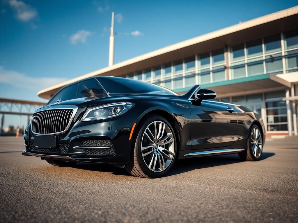 A luxurious black sedan parked in front of an upscale