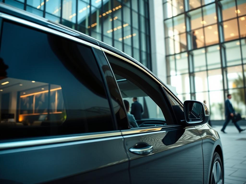 An executive luxury vehicle parked outside a modern corporate office
