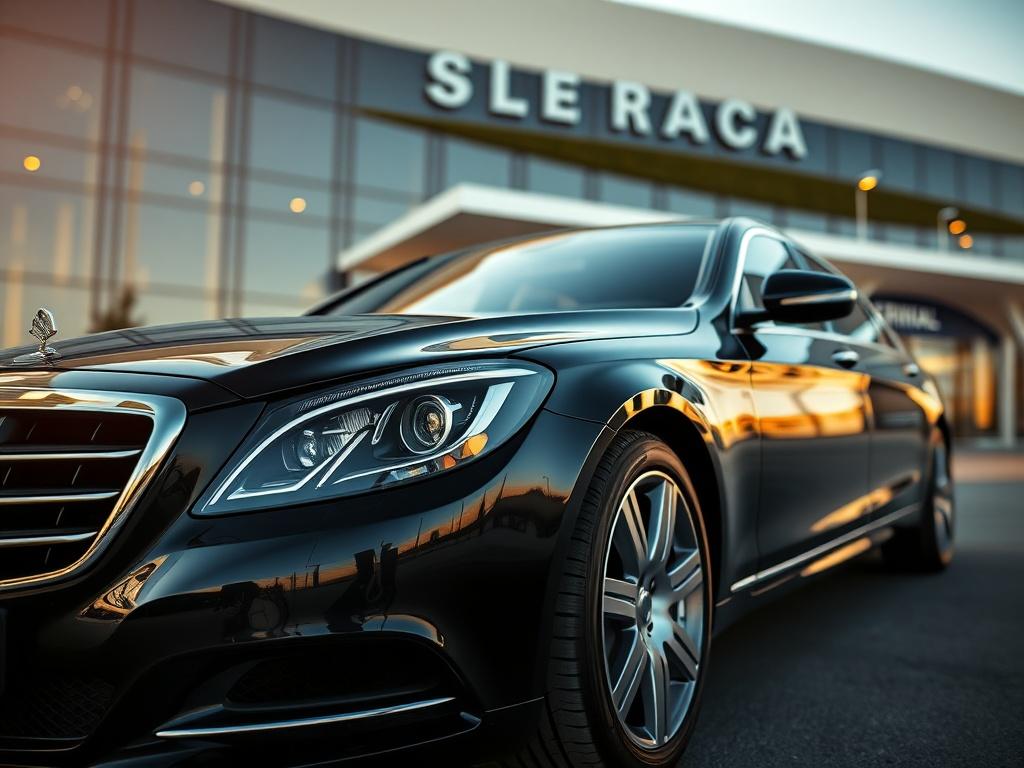 A luxurious black sedan parked in front of an upscale