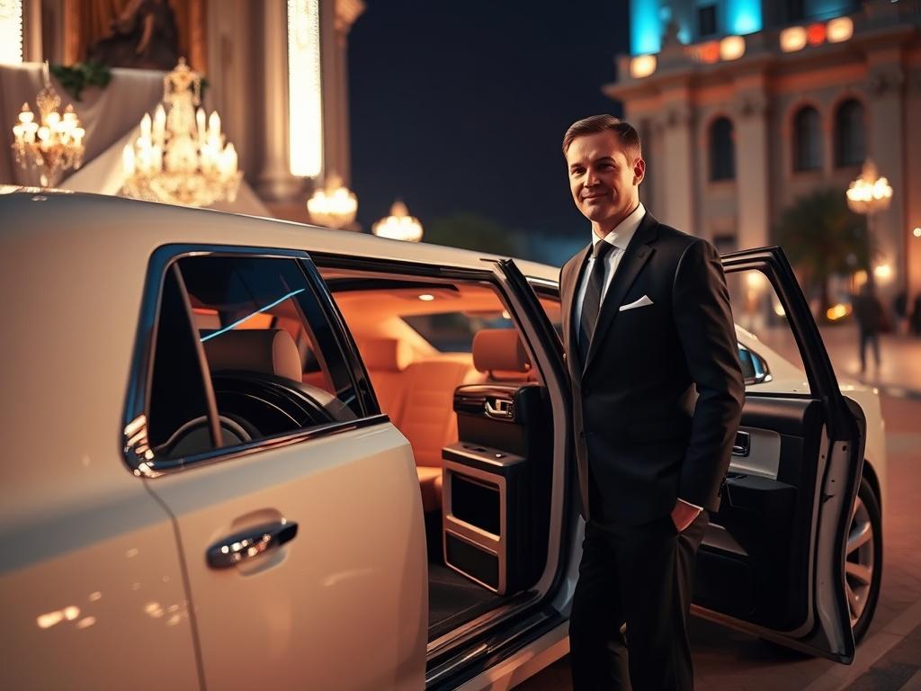 A luxurious limousine with the door open, showcasing the plush