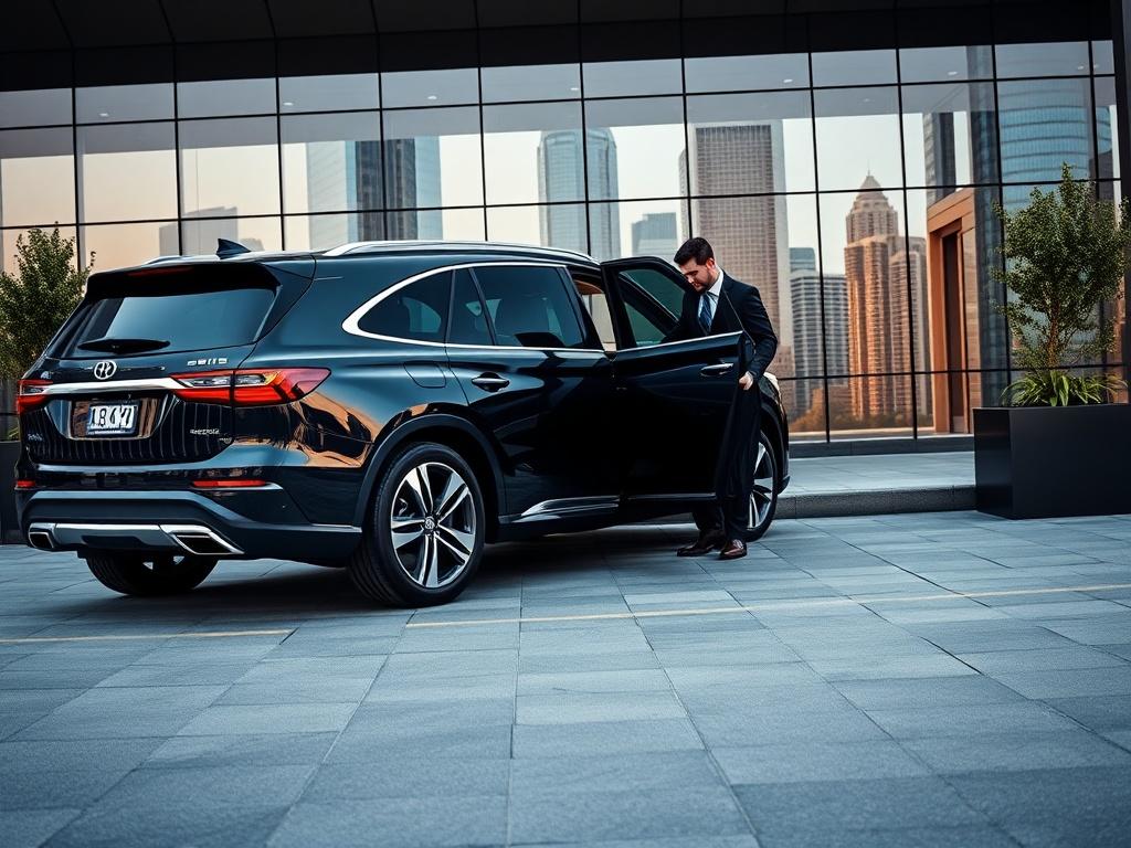 A sleek executive SUV parked in front of a modern