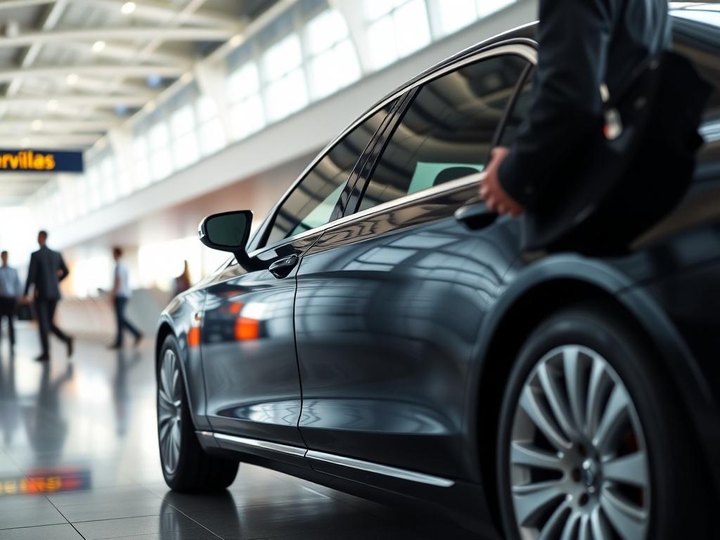 A luxurious black sedan parked at the arrivals terminal of