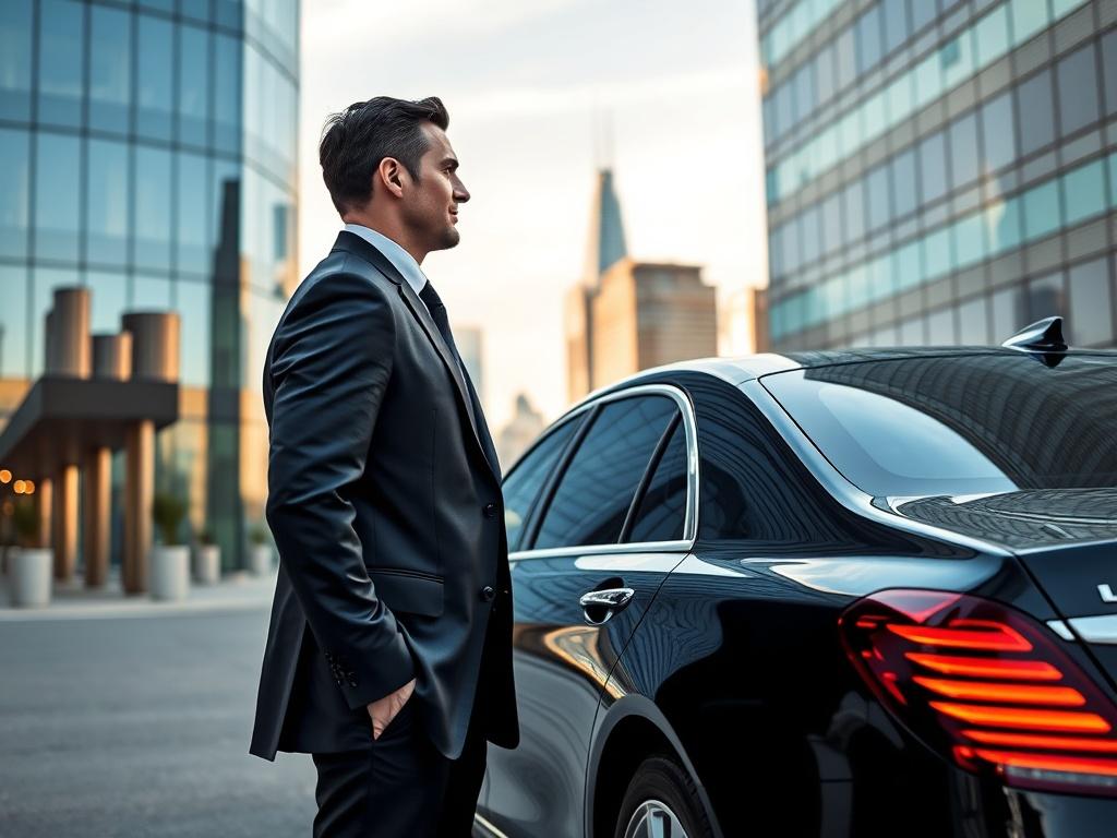 A professional chauffeur in a sleek black suit standing beside an elegant black sedan, waiting for a corporate traveler outside a modern office building. The scene captures a sense of professionalism and luxury, with the city skyline in the background. The image should highlight the vehicle's sophistication, shot in high resolution with a 45mm f/1.2 lens.