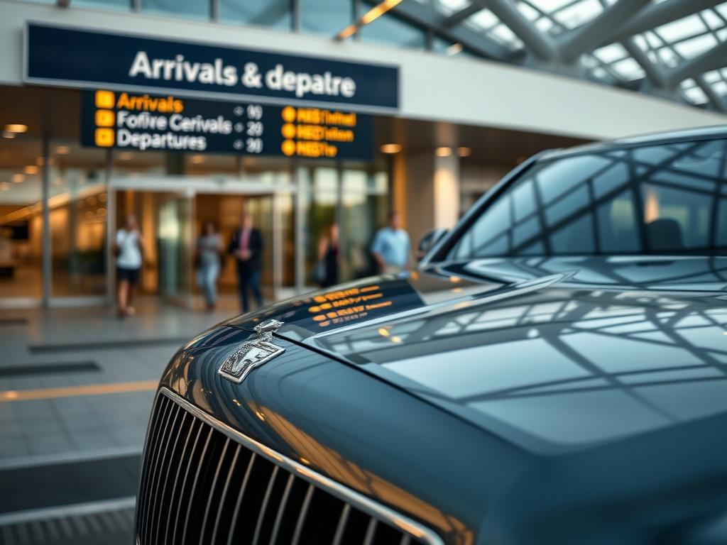 A luxurious vehicle parked outside an airport terminal, showcasing its sleek design and polished exterior. The background includes an airport sign indicating arrivals and departures, with travelers in the distance. The scene captures the essence of premium transportation, with a focus on the vehicle's luxurious features, shot in high resolution with a 45mm f/1.2 lens.