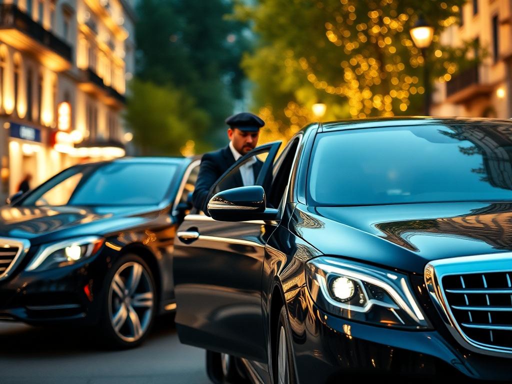 An elegant black luxury vehicle on a scenic city street, with a chauffeur standing by the door, ready to assist a passenger. The background features beautifully lit buildings and trees, creating an inviting atmosphere. The image should emphasize the luxury and comfort of the service, captured in high resolution with a 45mm f/1.2 lens.