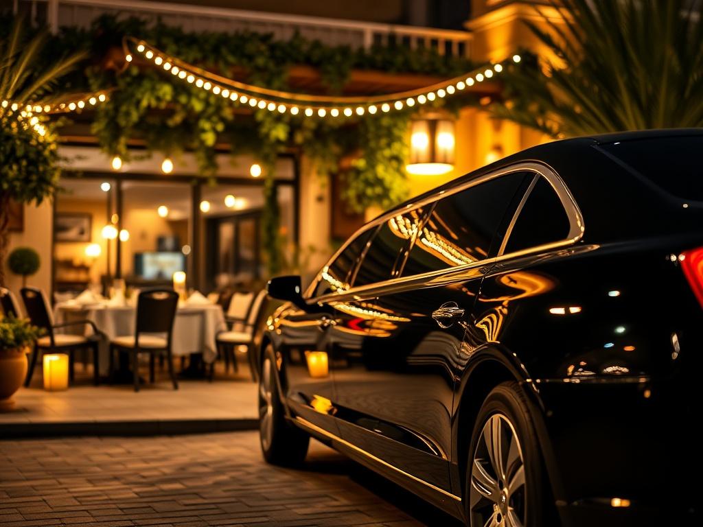 A luxurious black limousine parked outside an upscale restaurant at night. The scene is illuminated by warm lights from the restaurant, creating a welcoming atmosphere. The focus is on the sleek design of the limousine, showcasing its polished exterior and inviting interior. The background features a beautifully set outdoor dining area with glowing candles and elegant decor, enhancing the luxurious feel of the night out.