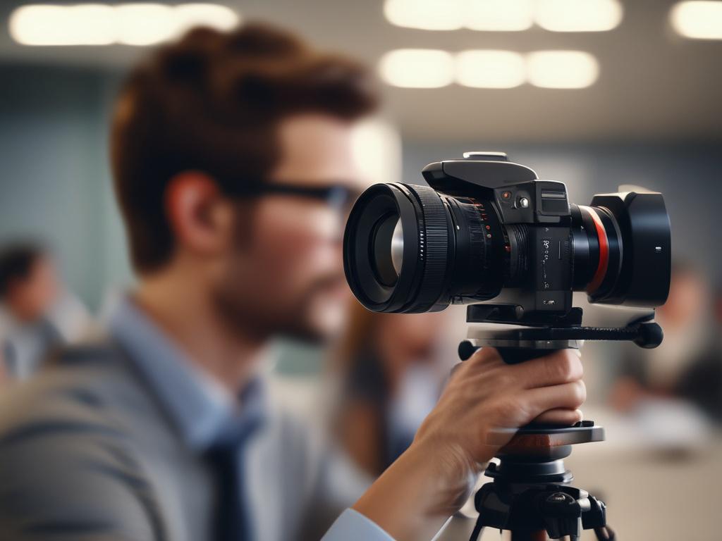 A hyper-realistic close-up shot of a professional legal videographer recording a deposition session with a high-quality video camera. The background is softly blurred to emphasize the subject, wearing business attire, capturing clear and precise footage. The lighting highlights the camera and the focused expression of the videographer. The image is shot with a 45mm f/1.2 lens style, featuring a sharp focus on the videographer and camera, with subtle incorporation of the rgb(50, 170, 39) primary color in the