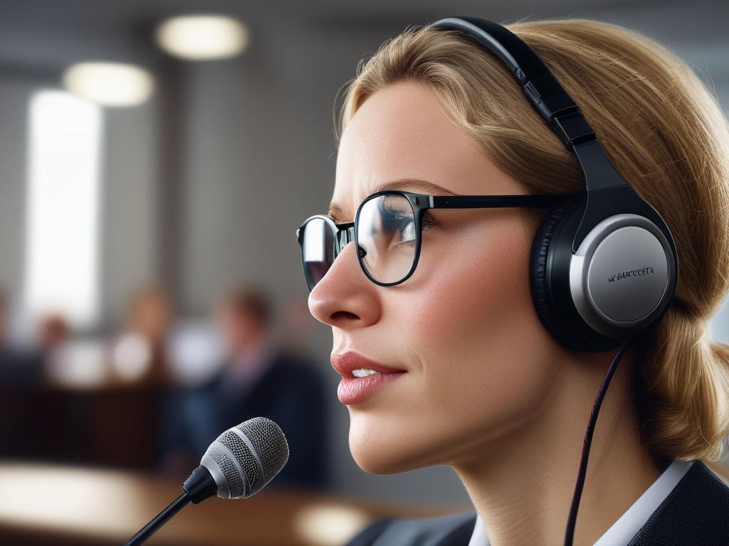 A hyper-realistic, high-resolution close-up shot of a professional legal interpreter wearing a headset and speaking confidently into a microphone during a deposition. The background is softly blurred, highlighting the interpreter's focused expression and clear communication. The image uses natural lighting with a shallow depth of field, captured in the style of a 45mm f/1.2 lens. The color scheme subtly incorporates rgb(50, 170, 39) in the background elements to align with the brand's primary color, emphasi