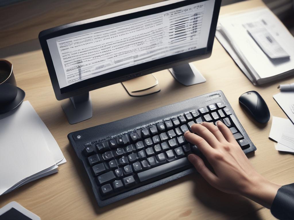 A close-up shot of a professional transcriptionist's hands typing on a sleek keyboard, with a high-resolution monitor displaying legal documents in the background. The focus is sharp on the hands and keyboard, captured with a 45mm f/1.2 lens style to create a hyper-realistic and detailed image. The color scheme subtly incorporates rgb(50, 170, 39) tones in the surrounding environment, emphasizing a clean, professional setting.