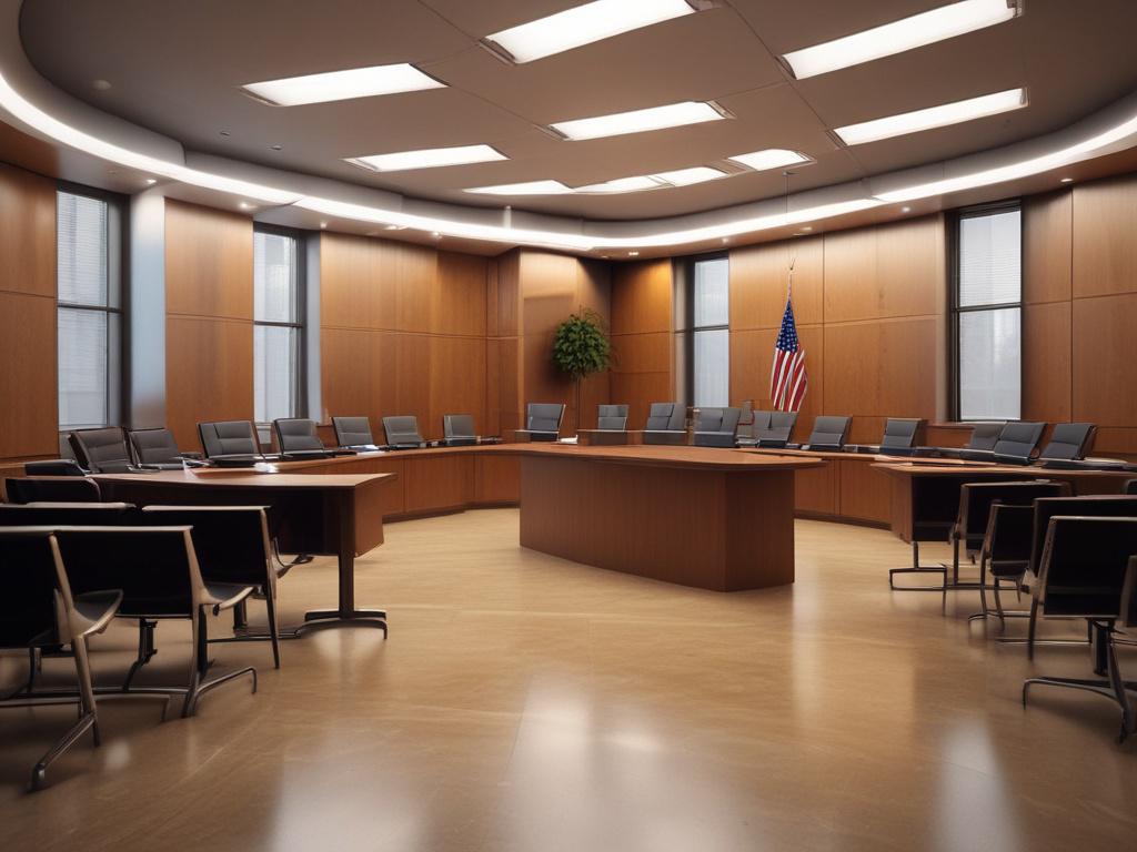 A hyper-realistic close-up shot of a modern, high-tech courtroom setup focusing on a sleek digital deposition system with a 45mm f/1.2 lens style. The image highlights a single piece of cutting-edge technology: a touchscreen monitor displaying transcription and court reporting software. The background is softly blurred, emphasizing the vibrant rgb(50, 170, 39) color on the device's interface. The composition is simple, clean, and professional, capturing the essence of innovative legal technology implementat