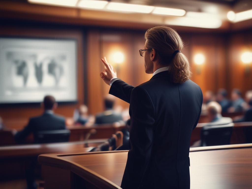 A hyper realistic close up of a lawyer pointing at