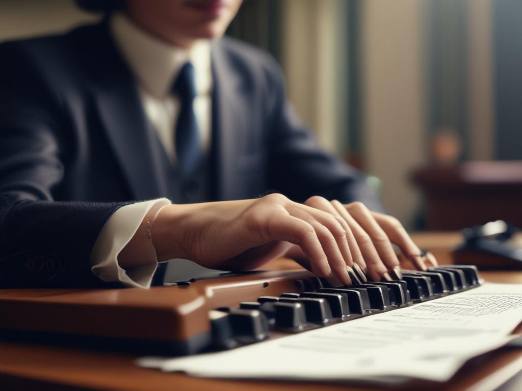 A close up shot of a professional court reporter typing