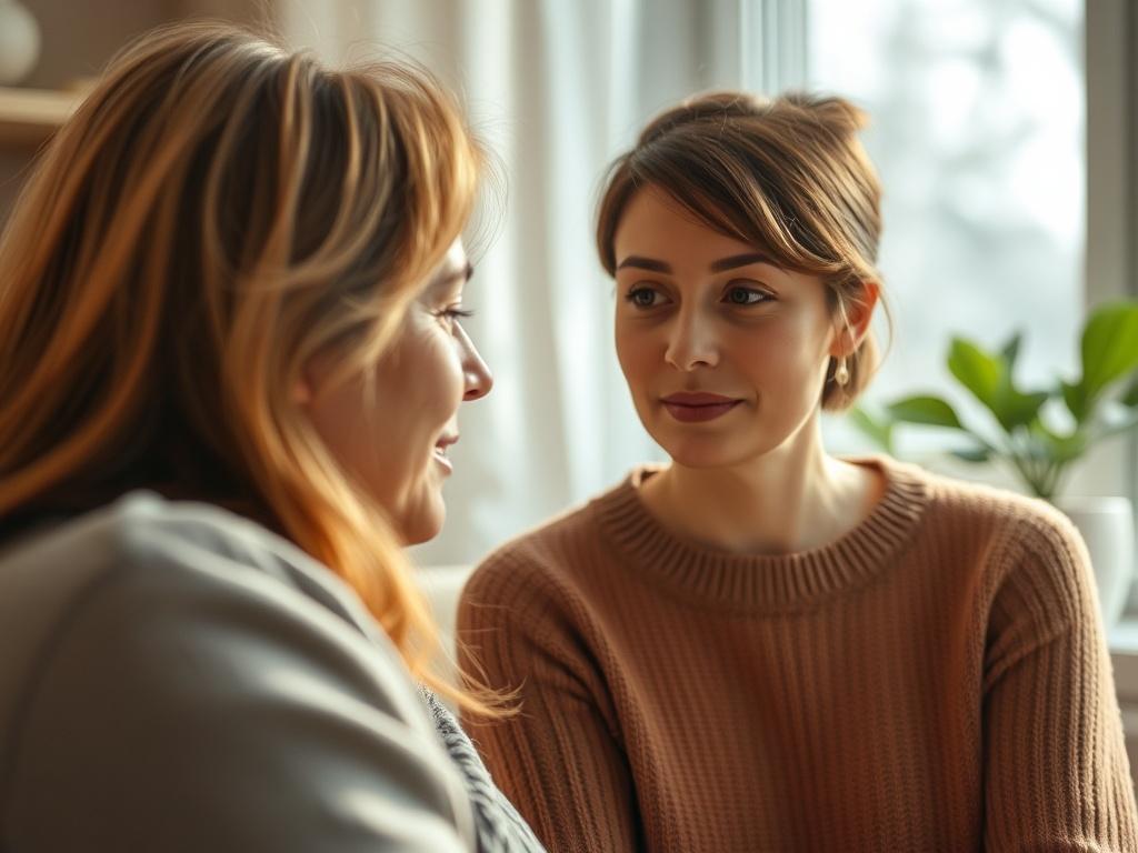 A close-up shot of a compassionate person listening intently to another individual in a serene environment. The listener is a warm, empathetic figure, exuding calmness and security. The background is softly blurred to focus on the connection between the two, with natural lighting enhancing the inviting atmosphere. The setting should suggest a safe space for emotional support.