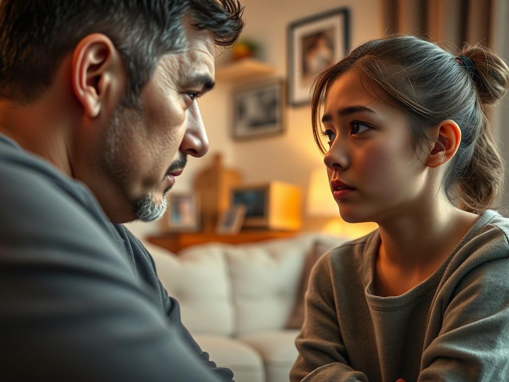 A close-up shot of a parent and a teenager engaged in a heartfelt conversation. The setting is a cozy living room with soft lighting, showcasing a warm and inviting atmosphere. The parent appears attentive, leaning slightly forward, while the teenager looks reflective, with a hint of concern. The background features comfortable furniture and family photos, highlighting a nurturing environment. The image conveys a sense of connection and understanding, focusing on the emotional dynamics of their relationship