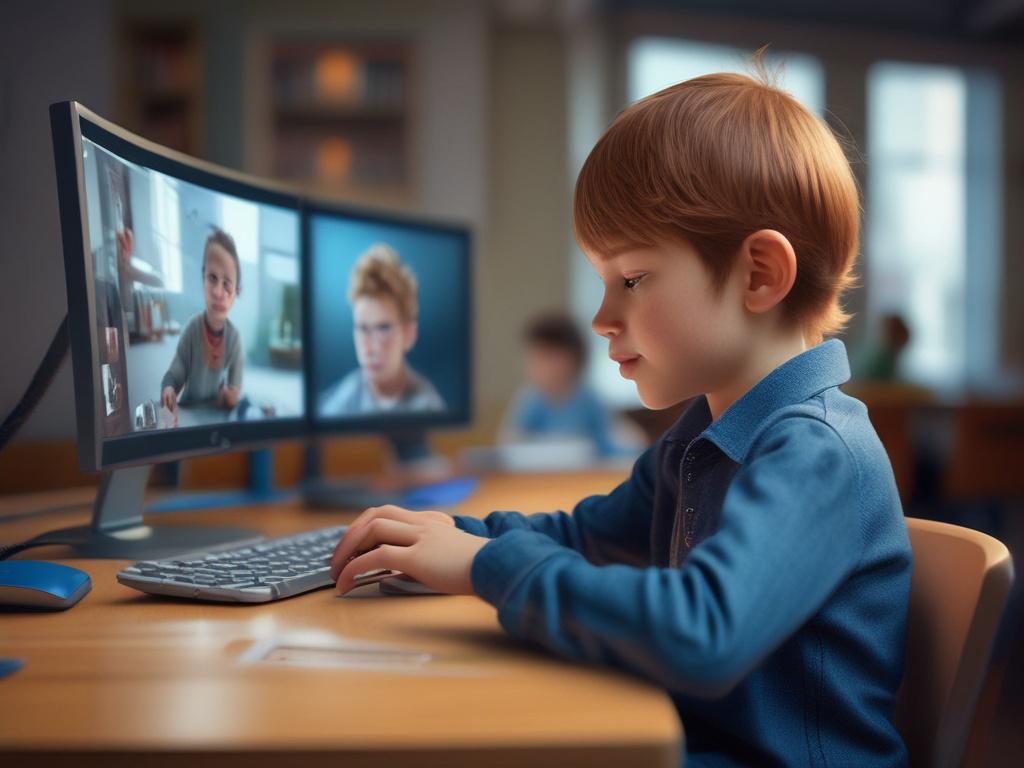 A realistic high-resolution photo of a young child engaged in interactive learning using an avatar on a digital device. The child is sitting at a desk, focused on the screen, with a look of curiosity and excitement. The background is softly blurred to emphasize the child and the device. The color scheme incorporates shades of rgb(85, 141, 151), creating a warm and inviting atmosphere.