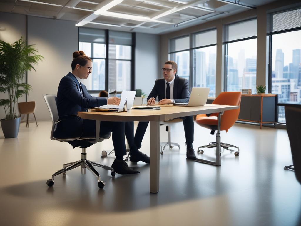 Create a high resolution image of two business professionals in