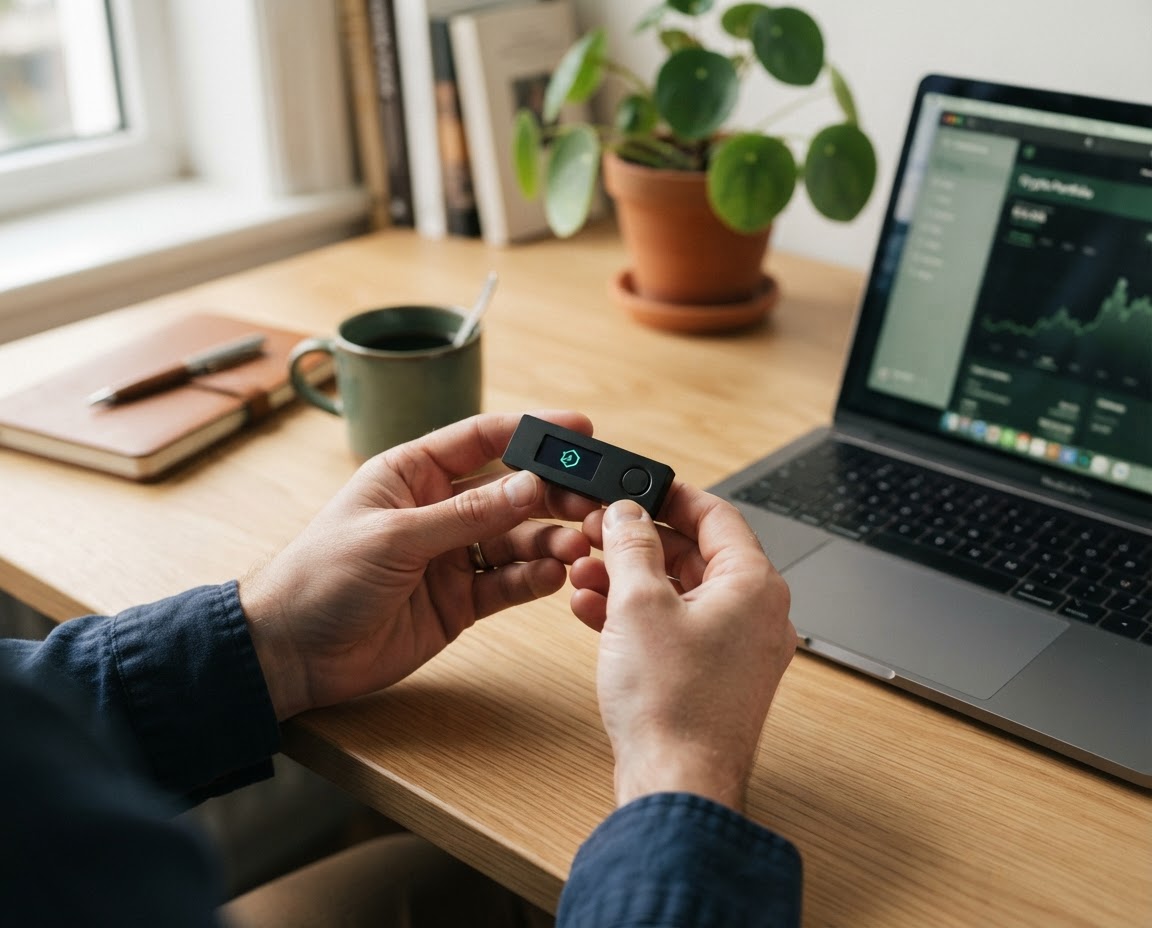 Using a compact hardware wallet at home beside a laptop