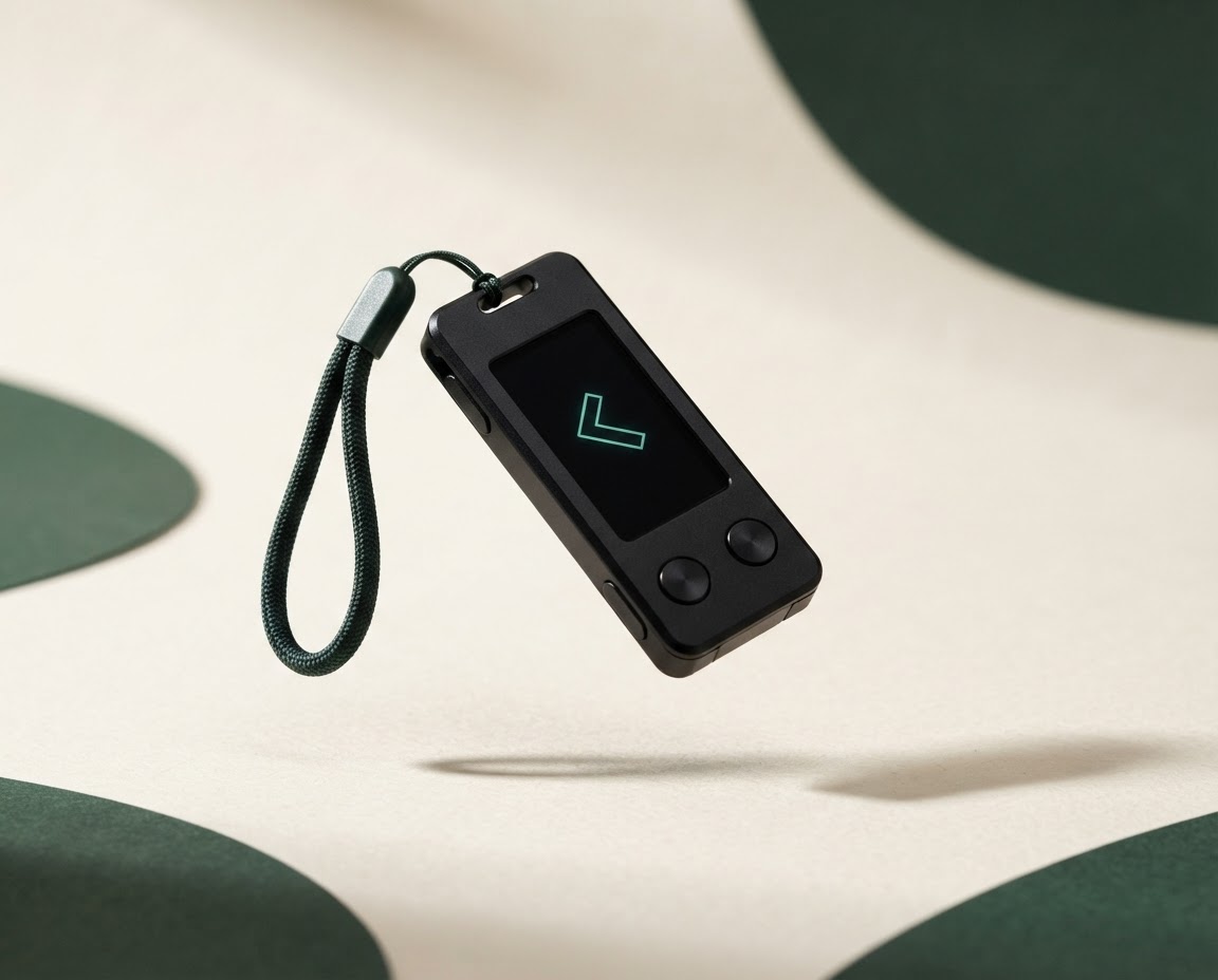 Black Trezor hardware wallet device in a clean studio setting
