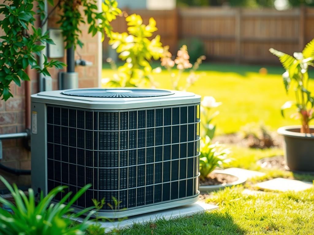 A realistic high-resolution photo of a residential air conditioning condenser unit installed in a backyard. The foreground focuses on the condenser, showcasing the coils and fins in proper condition. The background features a well-maintained lawn and some garden plants, with soft sunlight illuminating the scene, creating a warm and inviting atmosphere.