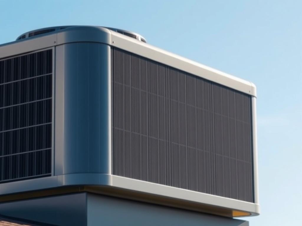 A realistic high-resolution photo of a residential rooftop condenser unit. The focus is on the condenser itself, showcasing its sleek design, with clear visibility of the unit's surface texture and details. The background is a clear blue sky to emphasize the rooftop setting, with no other objects or distractions. The image is shot with a 45mm f/1.2 lens style, ensuring a sharp focus on the condenser while softly blurring the background.